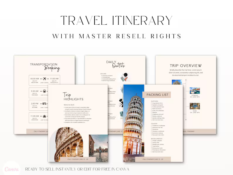 Travel Itinerary Template + 5 Free Tools – Editable Planner & Guides with Resale Rights